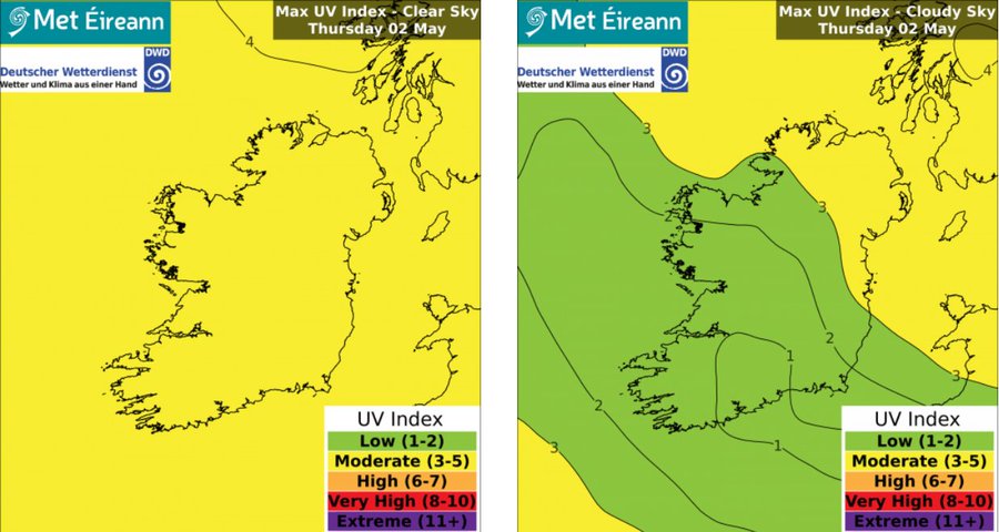 The #UV index will be moderate in any sunshine today Thursday🌞 & low in cloudy sky ☁️ For #SunSmart tips check⬇️ ℹ️met.ie/uv-index