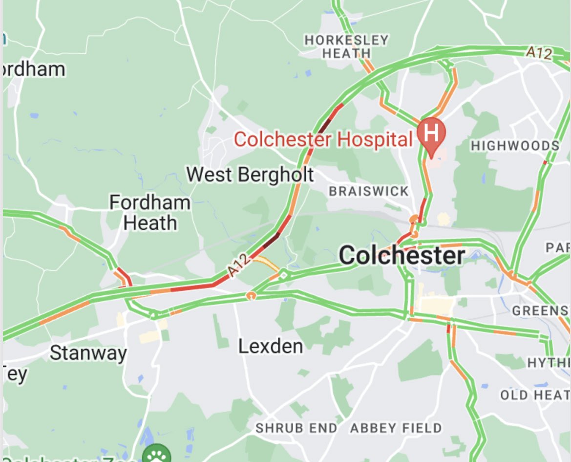 #A12 southbound - queueing traffic between J28 (Colchester Football Stadium) and J26 (Stanway) - approaching the ROADWORKS contraflow - heading towards Chelmsford