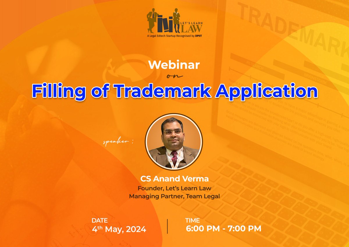 🎙️ Join us for an exclusive live session on 'Mastering 

Trademark Applications: Filing a TM Application LIVE!' 

Register now- forms.gle/mX5dVZrn3C69r2…

#TrademarkProtection #BrandIdentity #IntellectualProperty #Webinar #LiveSession