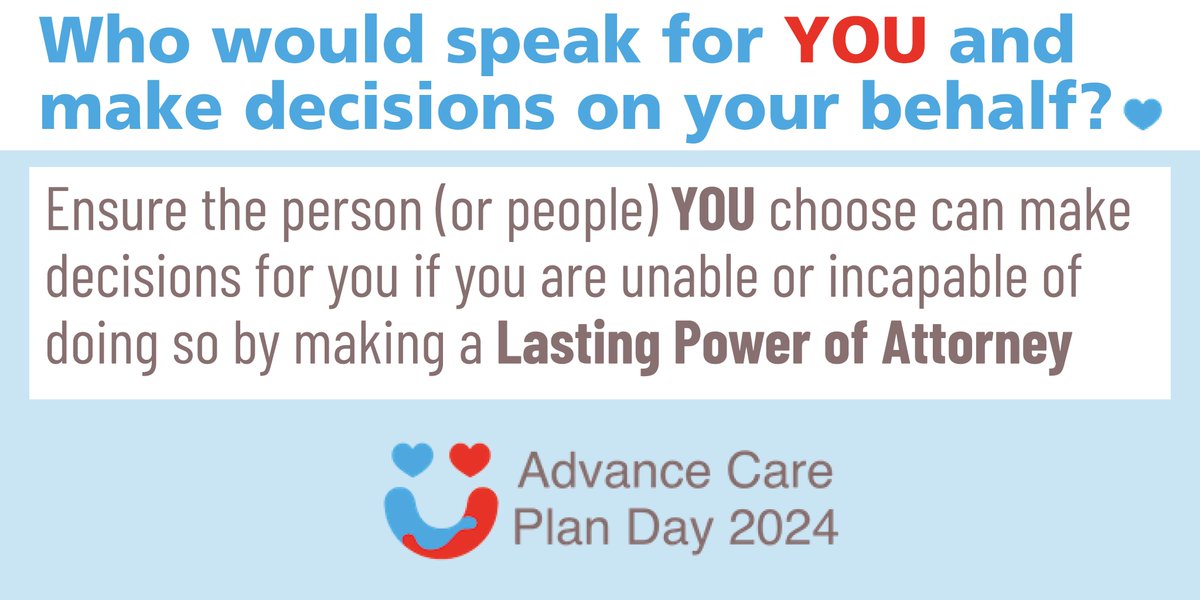 ACPDay2026's tweet image. What is a Lasting Power of Attorney?

"A Lasting Power of Attorney is a legal document that enables you to nominate a person or people to support you make decisions or to make decisions in your best interests if you lose capacity..."

advancecareplanday.org/lasting-power-… 😍

#ACPDay2024 #LPAs