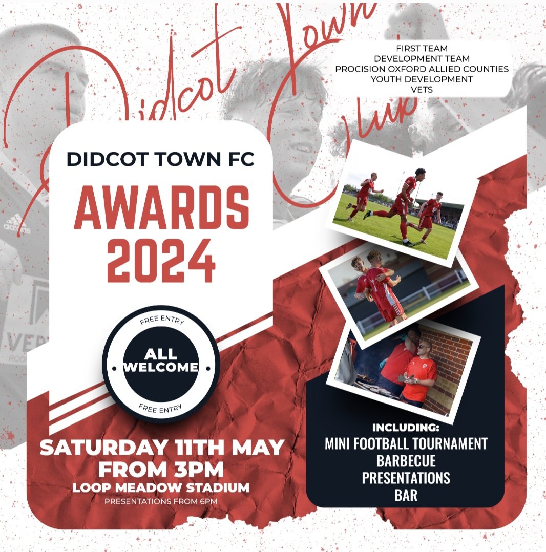 Didcot Town Football Club will be hosting their presentation day on Saturday, 11th May.  The presentation day starts at 3pm, with a mini football tournament on the pitch.  The trophy presentation will start at approximately 6pm. There will be a barbecue inside the ground…