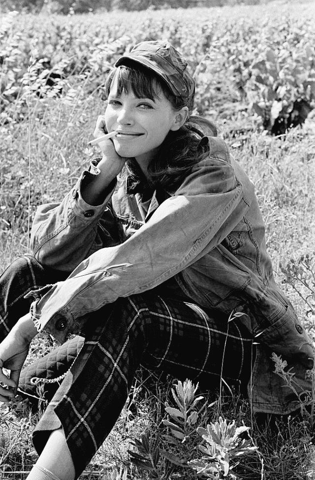 Anna Karina during the filming of Jean-Luc Godard's 'Pierrot le Fou' (1965).