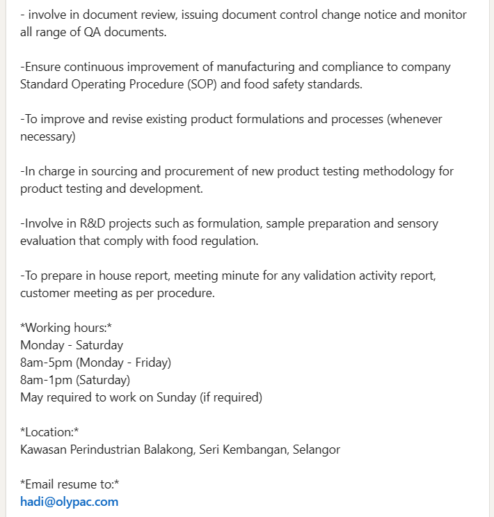 Hi guy, 

On behalf of our company, Olypac Asia Sdn Bhd, we are hiring new candidate for QA role, Junior position. 

To those interested, kindly drop your resume, to the email address. 

hadi@olypac.com 

Thanks

#jobopportunity 
#HiringNow #Malaysian