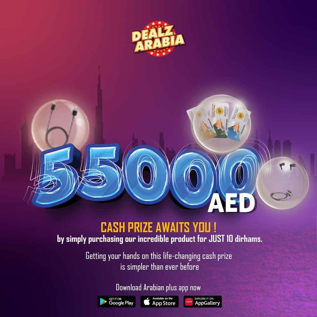 Get a Chance to Win! AED 55,000
Pay Less | Win Big

Install our app now: play.google.com/store/apps/det… 

#DealzArabia #Arabian_Points #livedraw #luckdraw #WinCash #bigannouncement #win #CashPrizes #raffledraw #earphone #winprizes #dxb #mobilecharger