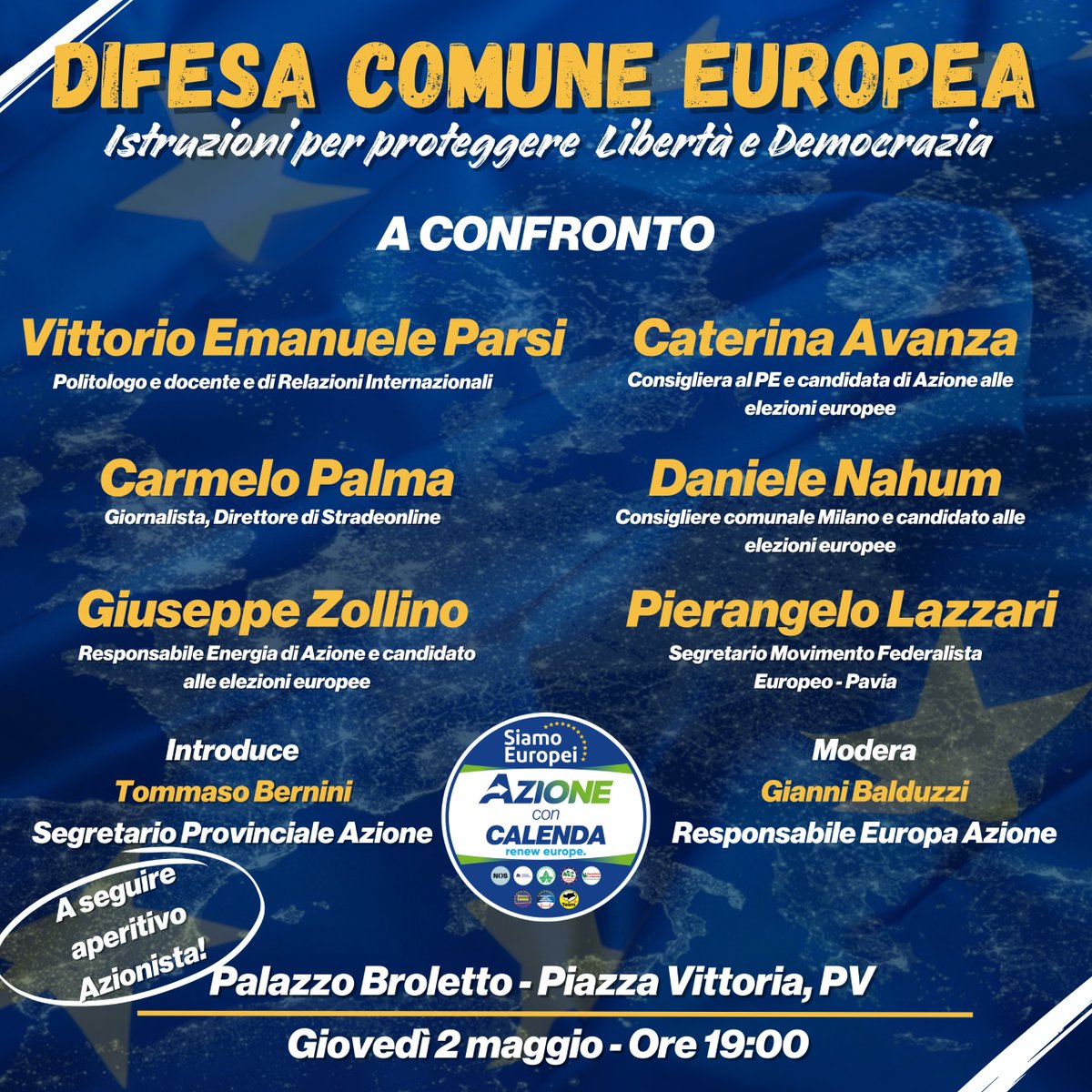 Per chi vuole e può, stasera ci troviamo a Pavia a parlare di buoni e di cattivi esempi, di libertà e di sicurezza, di Ucraina e di Europa con @VEParsi1 @GiZollino @CaterinaAvanza @DanieleNahum e @Iannis2003.