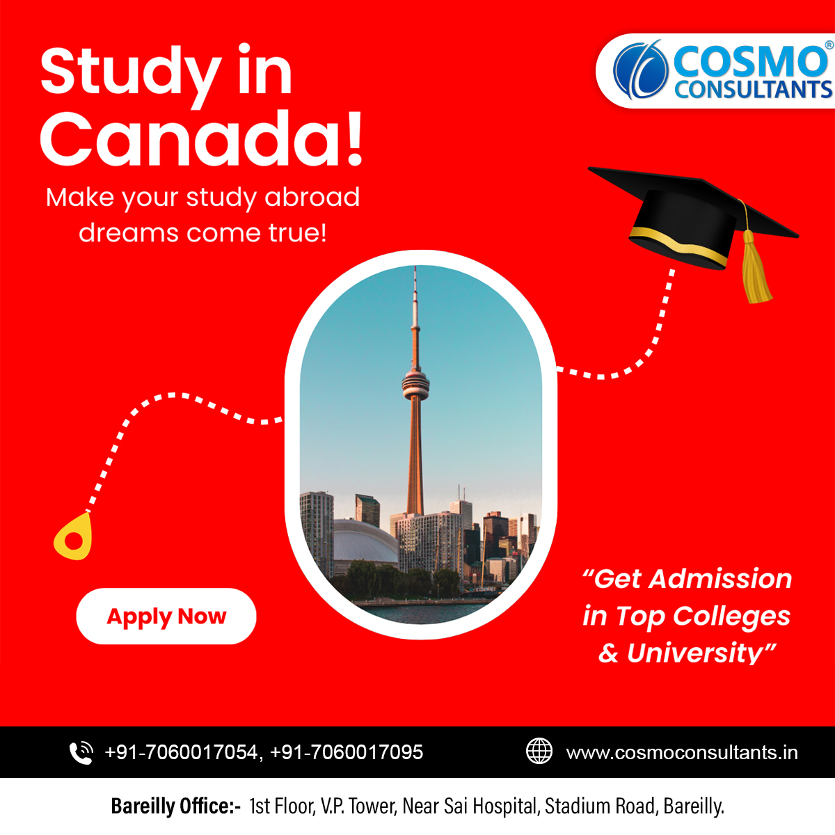 Ready to pursue your education in Canada? 🇨🇦✨ Visit Cosmo Consultants for expert guidance and turn your study abroad dreams into reality! 🎓🌏 Get Free Consultation: +91-7060017054, +91-7060017095. #CosmoConsultants #Canada #StudyInCanada #StudyAbroad #studentvisa #studyvisa
