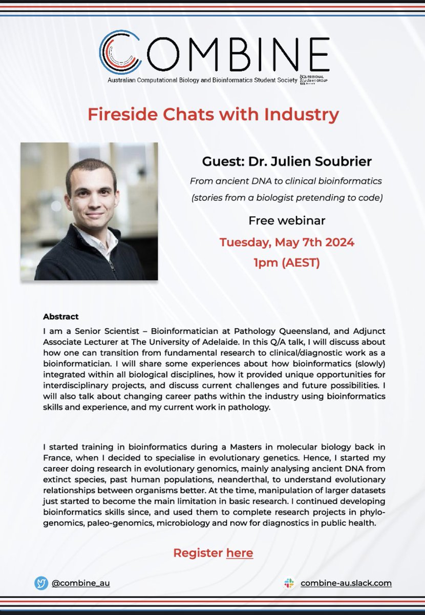 🔥Our first Fireside chat for 2024 will take place on May 7th at 1 AEST with @JulienSoubrier, a senior bioinformatician. He'll share his experiences on how bioinformatics integrates with all biological fields and provides unique opportunities. 
Register at unimelb.zoom.us/meeting/regist…
