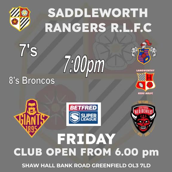 This Friday 7's v @Mayfieldrl and 8's Broncos v @LangworthyReds live at 7.00pm, in the clubhouse @Giantsrl v @SalfordDevils @SuperLeague  ⚫⚪⚫🏉