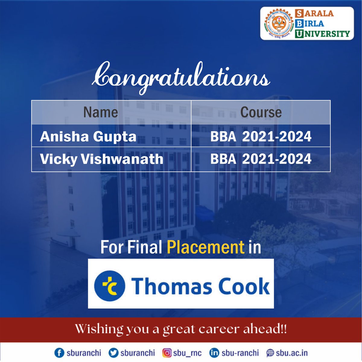 Congratulations to selected candidates Ms. Anisha Gupta and Mr. Vicky Viswanath from BBA 2024 passing out batch for their final placement in Thomas Cook.
Wishing all a great career ahead.
#sbu #sburanchi #placementdrive #ThomasCookIndia