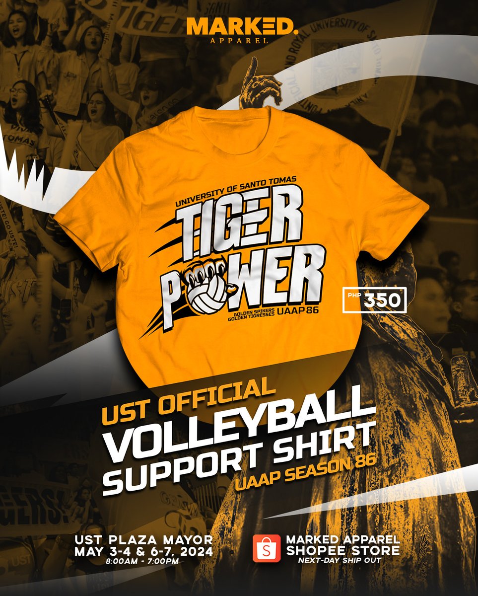 TIGER POWER UNLEASHED! 💛

Tap into your inner tiger with the official UST Volleyball Support Shirt! Be ready for an epic showdowns until we seize back that golden crown in the heart of España! 

#GoUSTe #UAAPSeason86 #UAAPVolleyball #GetMarkedNow #USTvsDLSU #USTvsFEU