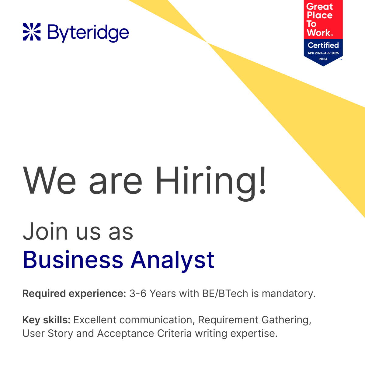 Ready to shape the future? Join us as a Business Analyst! 
Apply Now: app.turbohire.co/get/TDhhVXB

#BusinessAnalyst #NowHiring #JobsInTech #RemoteWorking