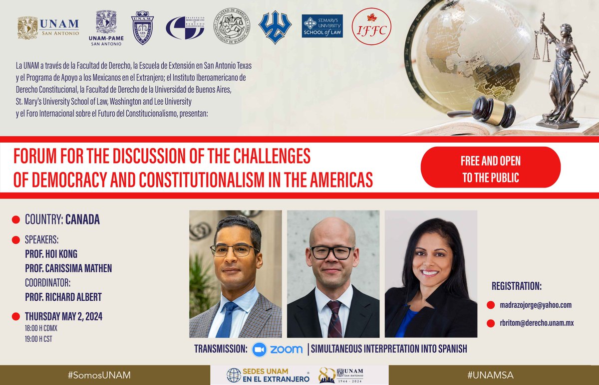 🇨🇦 Is there reason to worry about democracy in Canada? Hoi Kong and Carissima Mathen will lead a discussion on Canadian constitutional law and politics today, Thursday, May 2, at 8pm Toronto/NYC time. All are welcome! Zoom link: cuaieed-unam.zoom.us/j/85975786373?… #cdnpoli