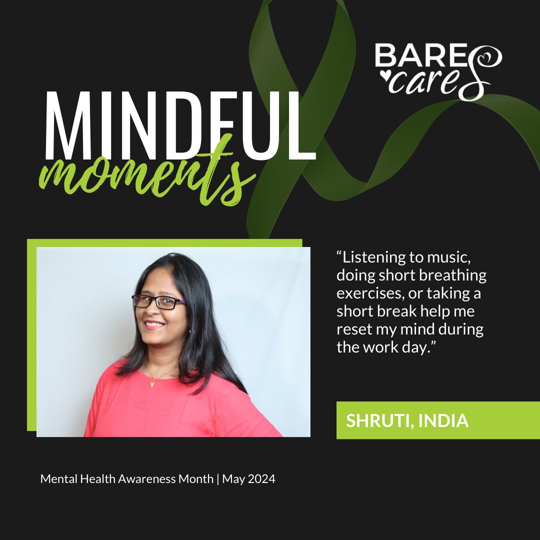 💚 Join us for Mental Health Awareness Month as we share our favorite ways to reset during the work day.
📷 Here's what Shruti does to unwind!  #MindfulMoments #MentalHealthAwareness #BARECares #WorkLifeBalance #TakeAMentalHealthMoment