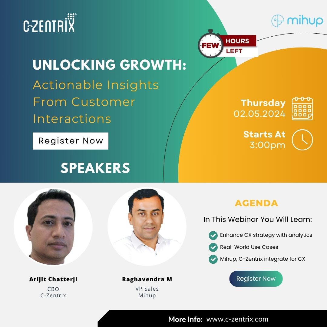 czentrix's tweet image. 🔥 Hurry Up! Only a few hours left to register for our exclusive webinar on  Unlock Growth with Actionable Insights from Customer Interactions! 🚀

Register Now: bit.ly/3xORqOi

#CustomerExperience #InteractionAnalytics #GrowthStrategy #Webinar