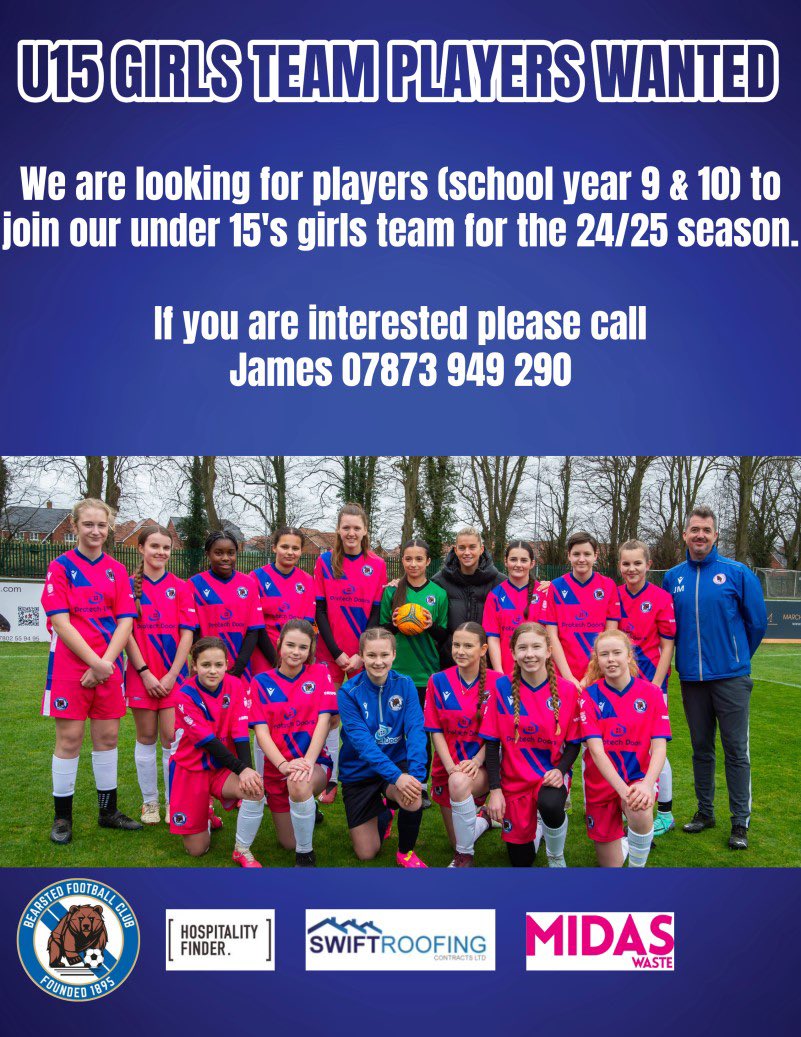 Players wanted for next seasons u10, u12 and under 15 girls teams. #bearstedfc #bears #kent #playerswanted