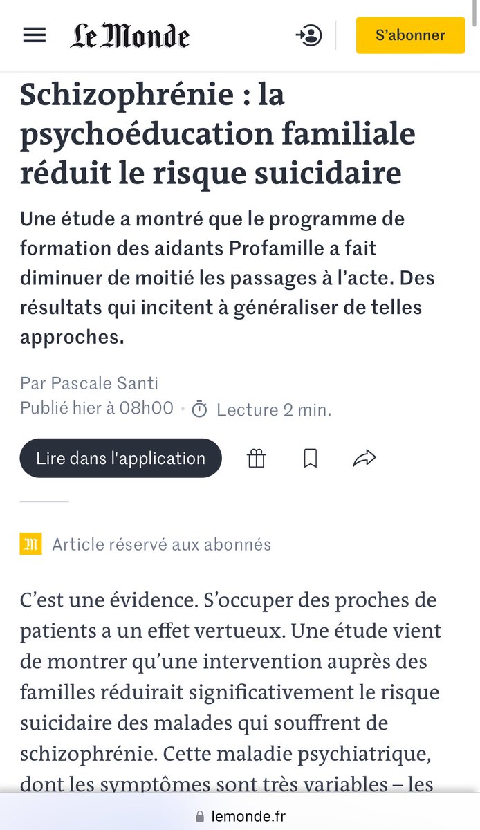 « Dans la schizophrénie, la littérature scientifique rapporte qu’en termes de prévention de la rechute, la psychoéducation familiale est l’intervention la plus efficace après les traitements médicamenteux. » 

↘️ de 3-7% du risque suicidaire avec des programmes pour les aidants