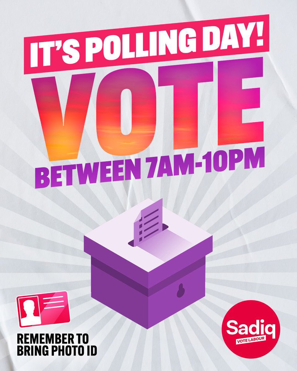 TODAY is Polling Day! Use all of your votes to vote Labour for the amazing @SadiqKhan and @LondonLabour team. ⏰ Polls are open till 10pm 🪪 Don’t forget your ID 🗳️ wheredoivote.co.uk Vote early, vote often, #VoteLabour.