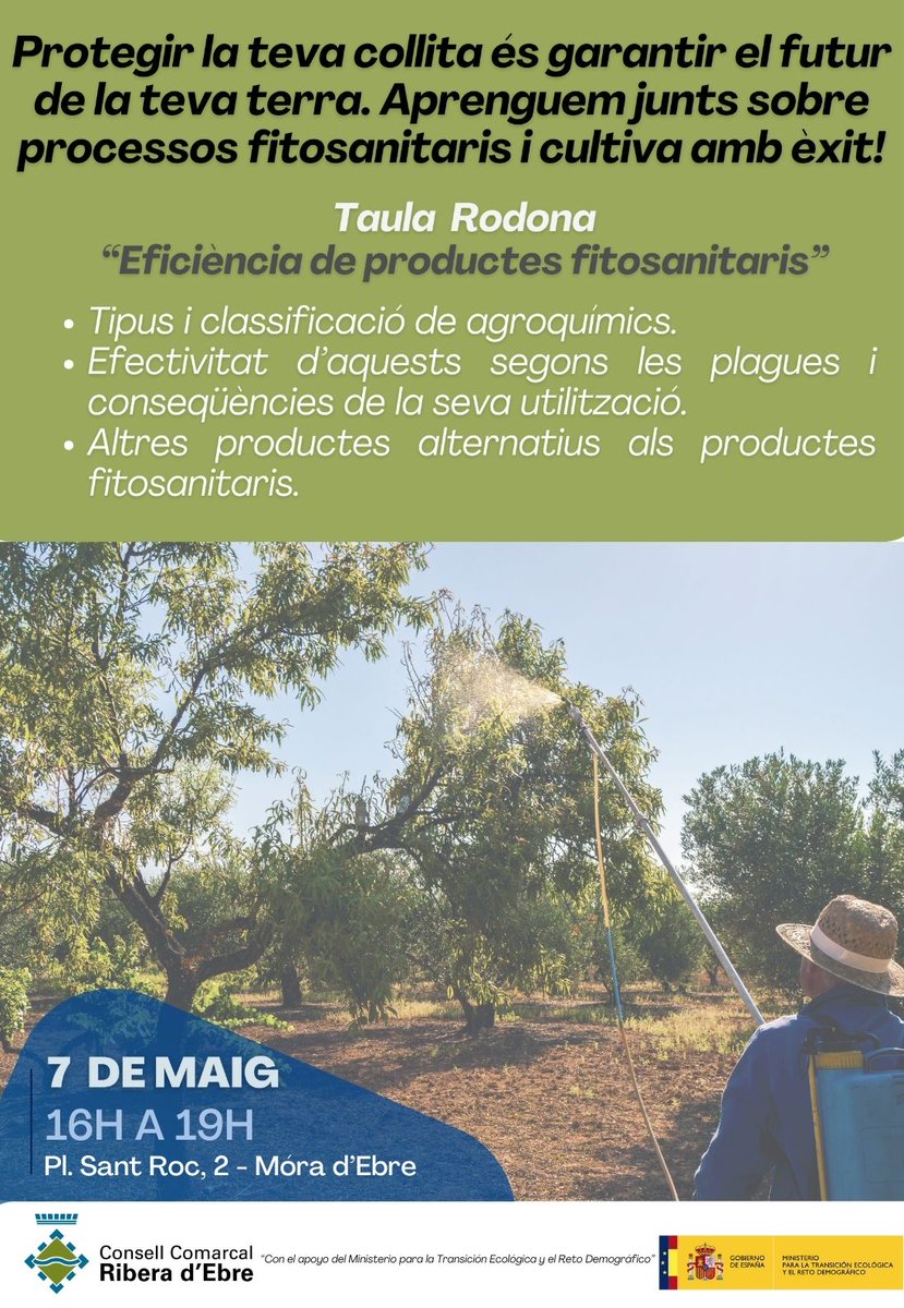 📣No et perdis la Taula Rodona sobre l'Eficiència de productes fitosanitaris 🗓️dimarts 7 de maig de 16h a 19h 📍Consell Comarcal de la Ribera d'Ebre (plaça de Sant Roc, 2, Móra d'Ebre) 🔗Inscriu-te: forms.gle/xQtubZiD7vML89…
