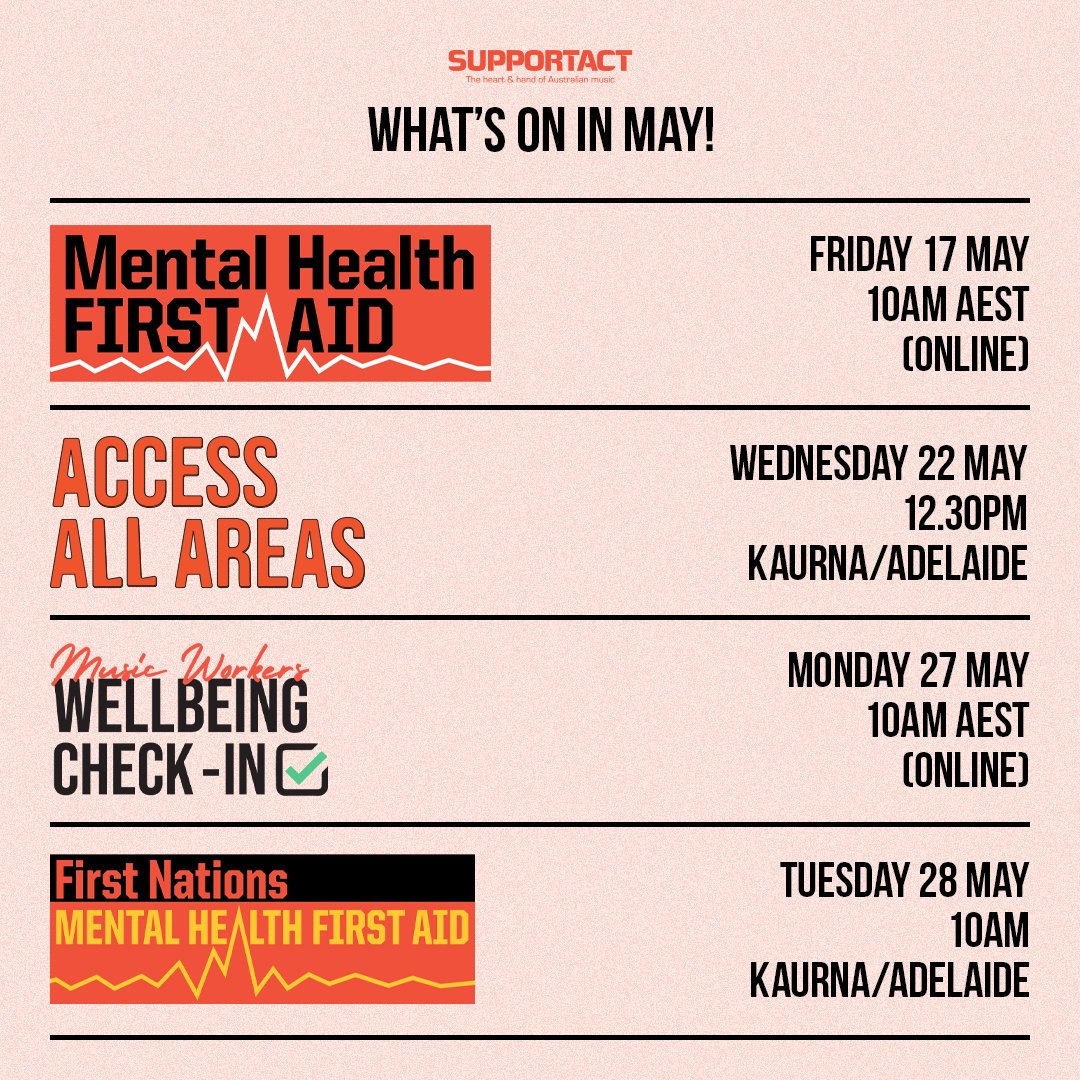 Register now for Mental Health First Aid, 10am (AEST) Fri 17 May, Online - Access All Areas, 12:30pm, Wed 22 May, Kaurna/ADL - Wellbeing Check-In, 10am (AEST), Mon 27 May, Online - First Nations Mental Health First Aid, 10am, Tues 28 May, Kaurna/ADL here bit.ly/44rkBD2