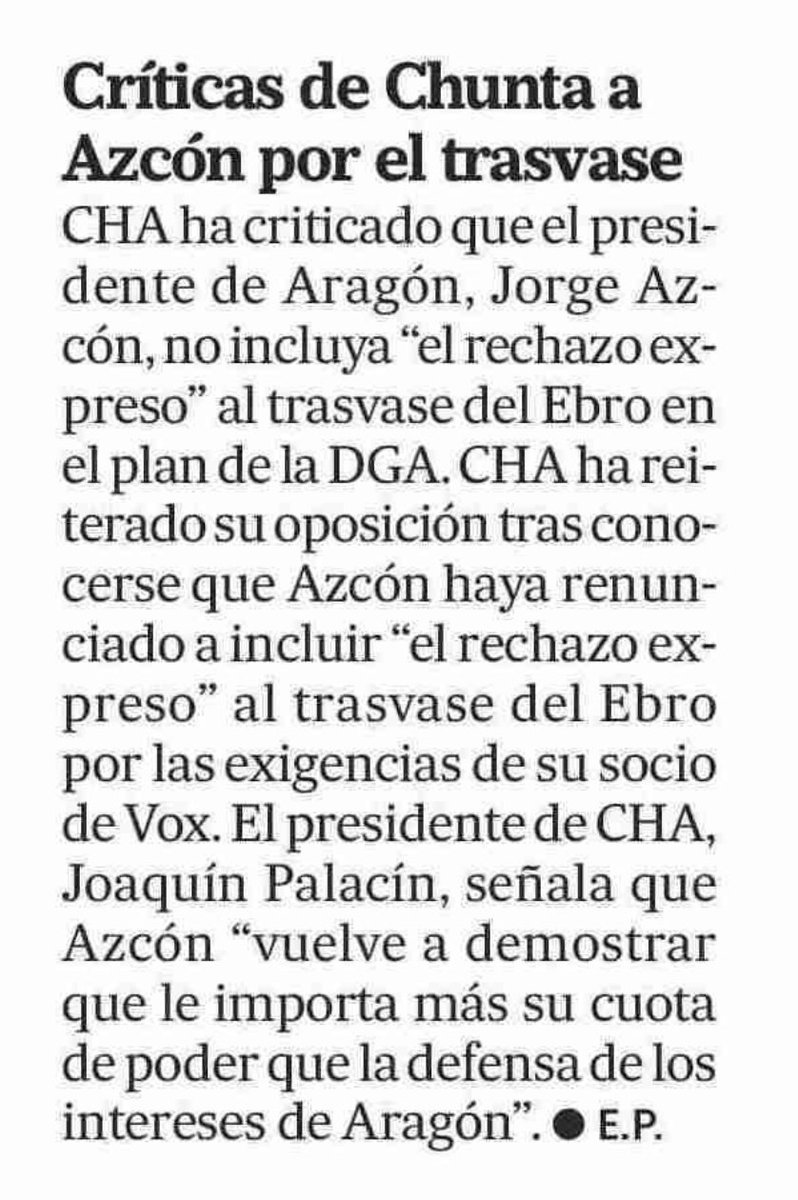📰 CHA EN LA PRENSA 💧 Críticas de Chunta a Azcón por el trasvase @JoaquinPalacin: 'Vuelve a demostrar que le interesa más su cuota de poder que la defensa de los intereses de Aragón' Visto en @altoaragon