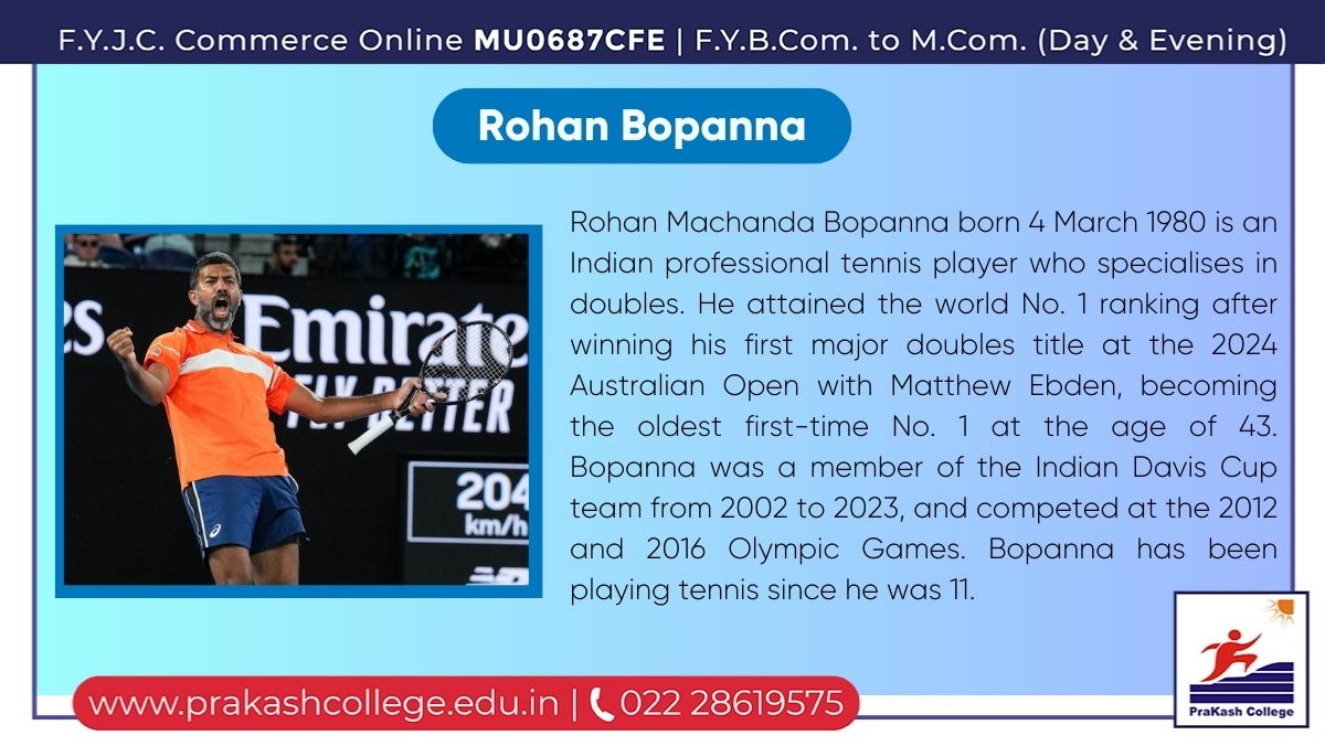 Rohan Bopanna
.
Rohan Machanda Bopanna born 4 March 1980 is an Indian professional tennis player who specialises in doubles. He attained the world No. 1 ranking in 2024.
.
.
#PrakashCollege #students #sports #rohanbopanna #shirishgandhi