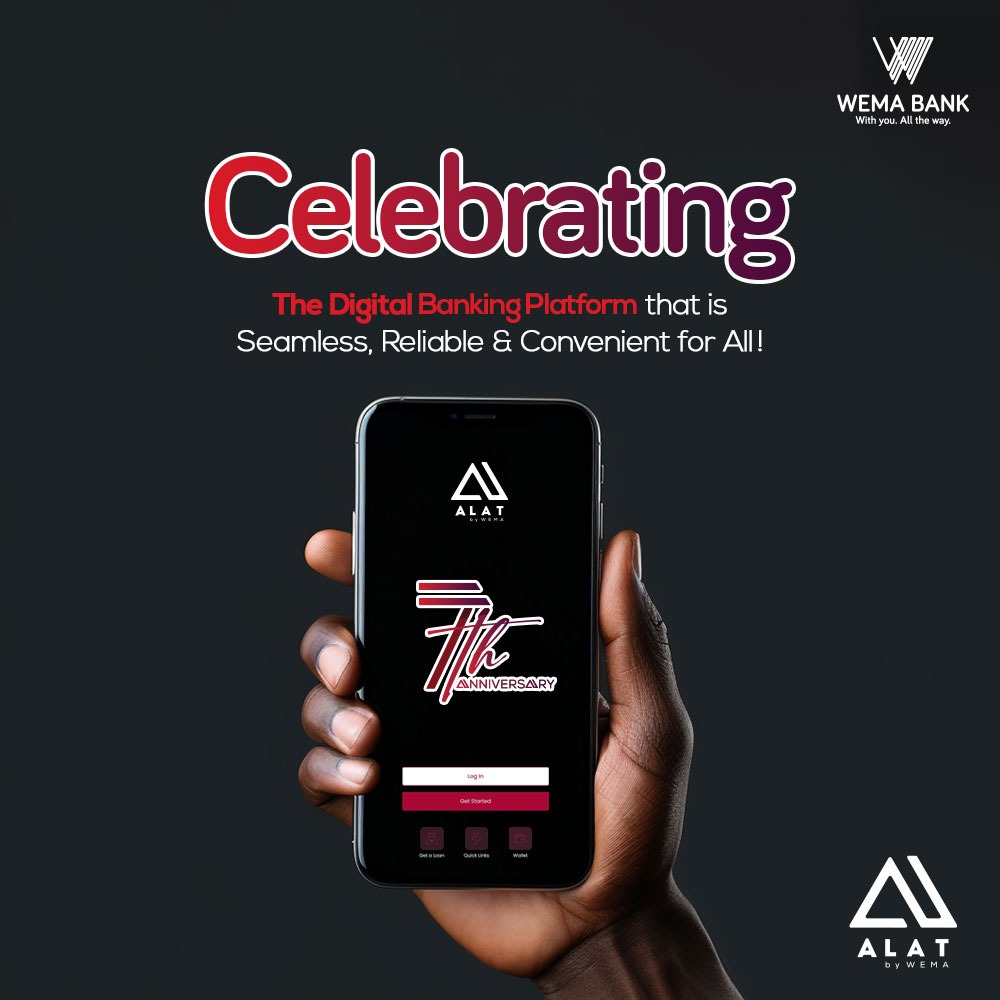 Celebrating 7 years of Seamless, Reliable & Convenient digital banking.

#ALATAt7 
#ALATByWemaBank 
#WemaBank 
#DigitalBanking