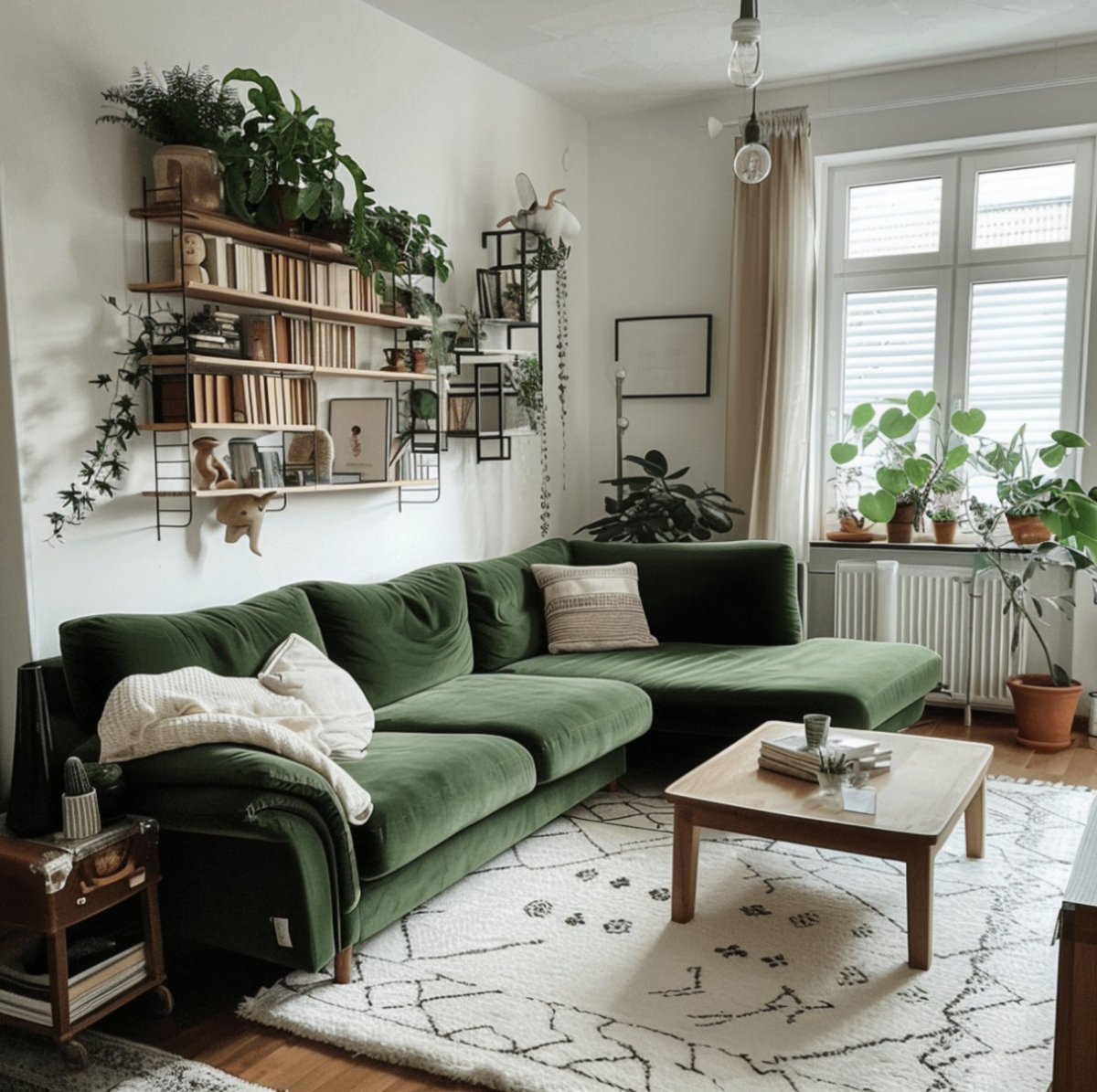 A relaxing atmosphere being created with brilliant green accents of the couch and plant decor that elevates the ambiance of the living room.

#homedecor #interiordesign #homedecortips #homedesign #livingroom