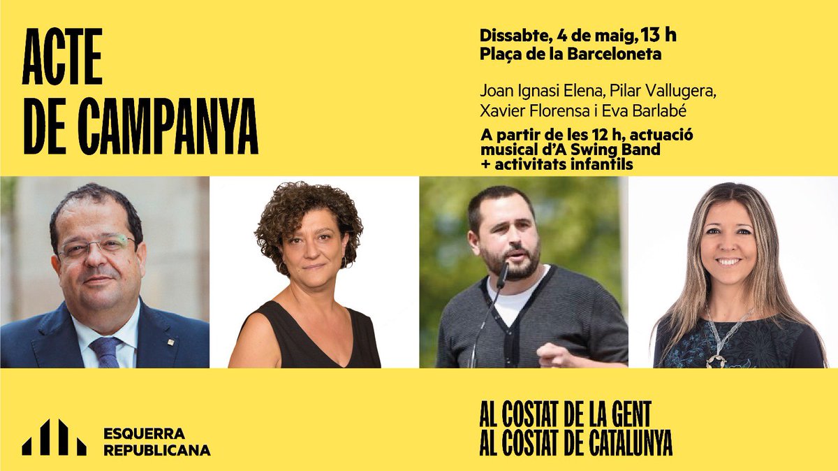 ERC Barcelona Vella (@erc_bcn_vella) on Twitter photo Aquest dissabte 4 de maig tenim una cita a la Barceloneta! 📍
T’esperem a partir de les 12h 🕓
<a href="/joanignasielena/">Joan Ignasi Elena</a> <a href="/PilarVallugera/">Pilar Vallugera#Donec Perficiam 🎗</a> <a href="/xaviflorensa/">Xavier Florensa Cantons</a> <a href="/ebarlabe/">Eva M. Barlabé i Vilanova 🎗</a>
‘Al costat de la gent, al costat de Catalunya’ ✊🏻✊🏽✊🏿 Aquest dissabte 4 de maig tenim una cita a la Barceloneta! 📍
T’esperem a partir de les 12h 🕓
<a href="/joanignasielena/">Joan Ignasi Elena</a> <a href="/PilarVallugera/">Pilar Vallugera#Donec Perficiam 🎗</a> <a href="/xaviflorensa/">Xavier Florensa Cantons</a> <a href="/ebarlabe/">Eva M. Barlabé i Vilanova 🎗</a>
‘Al costat de la gent, al costat de Catalunya’ ✊🏻✊🏽✊🏿