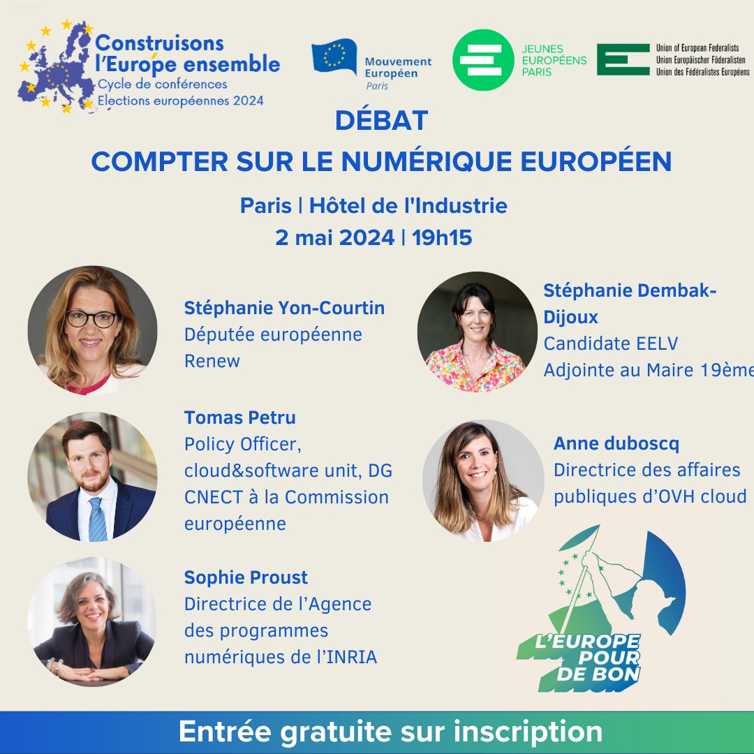 👉Rendez-vous ce jeudi 2 mai à 19h15 pour une conférence -débat 'Compter sur le numérique européen' 🇪🇺 📍Cycle de conférences @europepourdebon avec @MEF_paris @UEF_IDF @JeunesEuropeens @MouvEuropeen_Fr @UEF_France 📣Inscription sur eventbrite.fr/e/compter-sur-… À très vite 🇪🇺