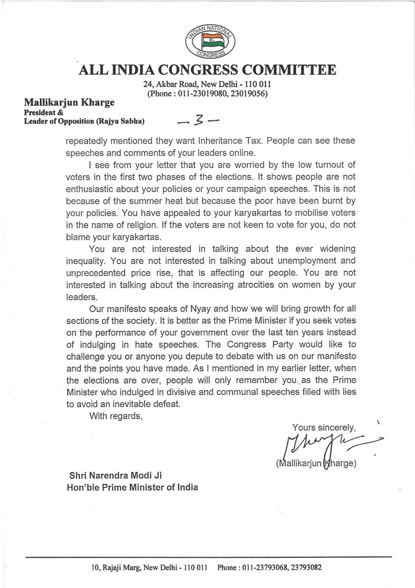 Here is the letter from Congress President Shri @kharge to PM @narendramodi. 👇 Dear Pradhan Mantri Ji, I saw the letter written by you to all the NDA candidates about what they need to communicate to the voters. From the tone and content of the letter it seems that there is a…