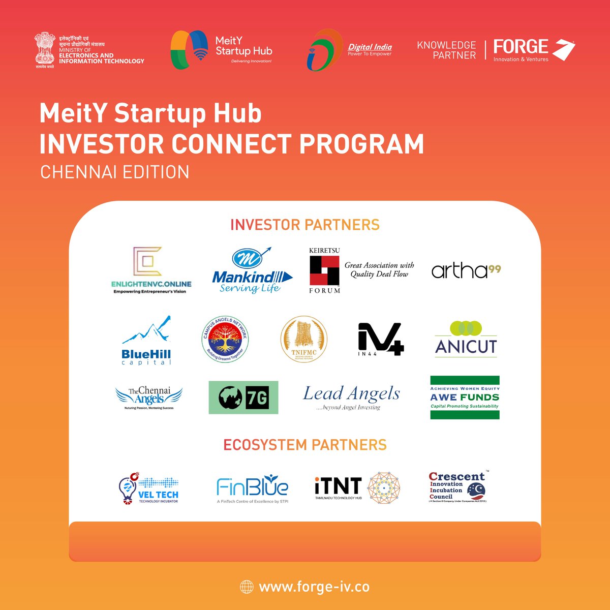 With our ongoing series of Investor Connect, our next chapter is Chennai, Tamil Nadu. To empower emerging startups in Chennai with essential guidance and mentorship, MeitY Startup Hub is organizing its 6th ‘Investor Connect Program’ supported by Forge Innovation & Ventures.