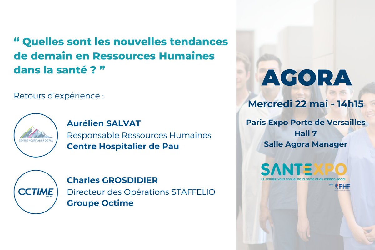 Rdv le mercredi 22 mai à 14h15 pour assister à notre Agora au salon @parisSANTEXPO ! 📍 Salle Agora Manager 'Quelles sont les nouvelles tendances de demain en RH dans la santé ?' 🤖 IA 🌳 RSE 👩‍⚕️ QVT Comment ces aspects peuvent-ils contribuer à relever les défis RH de demain ?