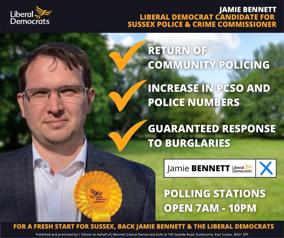 🗳️Rooting for Jamie, who I’ve known for 15 years, in today’s Police & Crime Commissioner election in Sussex!👮🏻‍♀️ You can vote until 10pm—just don’t forget your ID! ✉️If you have a postal vote but haven’t posted it yet, you can still drop it into a polling station for it to count.