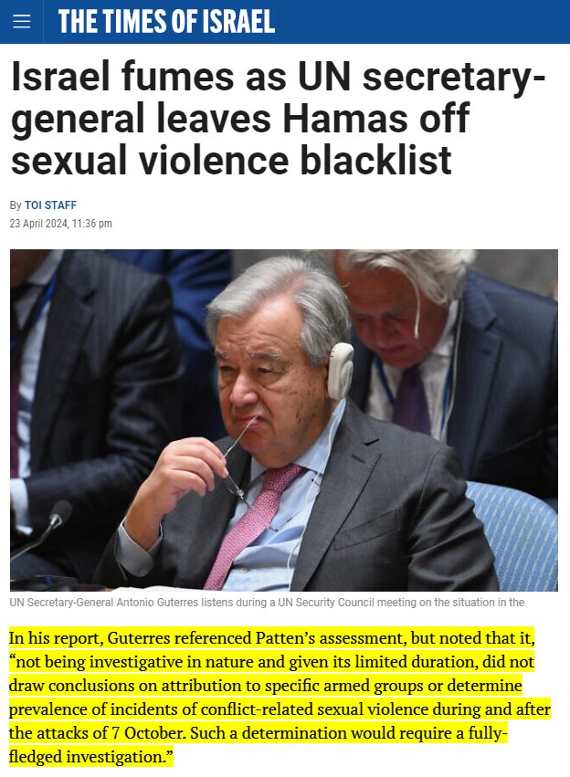 BREAKING: Zionist Lies Exposed! 

The UN/General Secretary refused to add Hamas to the list of groups responsible for sexual violence.

Zionists are furious because this undermines their lie about the UN confirming 'Hamas mass rapes'

Credit @zei_squirrel