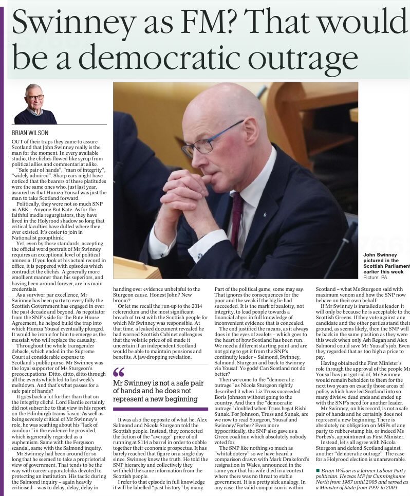 The SNP about to impose a third First Minister in a row on us, who wasn’t elected by the Scottish people. If Swinney is unopposed, he would join Sturgeon in getting the role simply by applying to be leader of the SNP - without even a contest. What’s that stench?