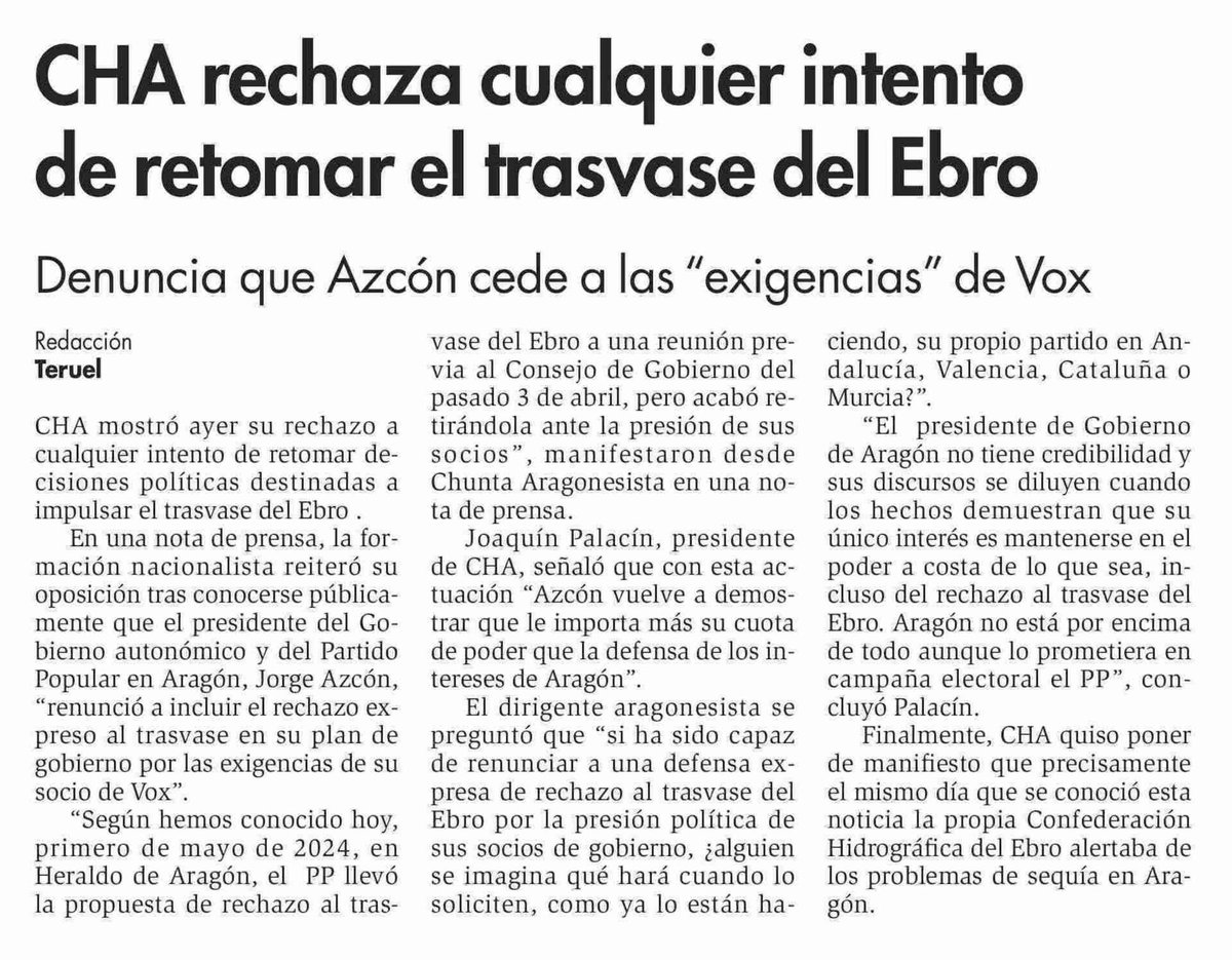 📰 CHA EN LA PRENSA 💧 CHA rechaza cualquier intento de retomar el trasvase del Ebro Denuncia que Azcón cede a las 'exigencias' de Vox Visto en @diariodeteruel