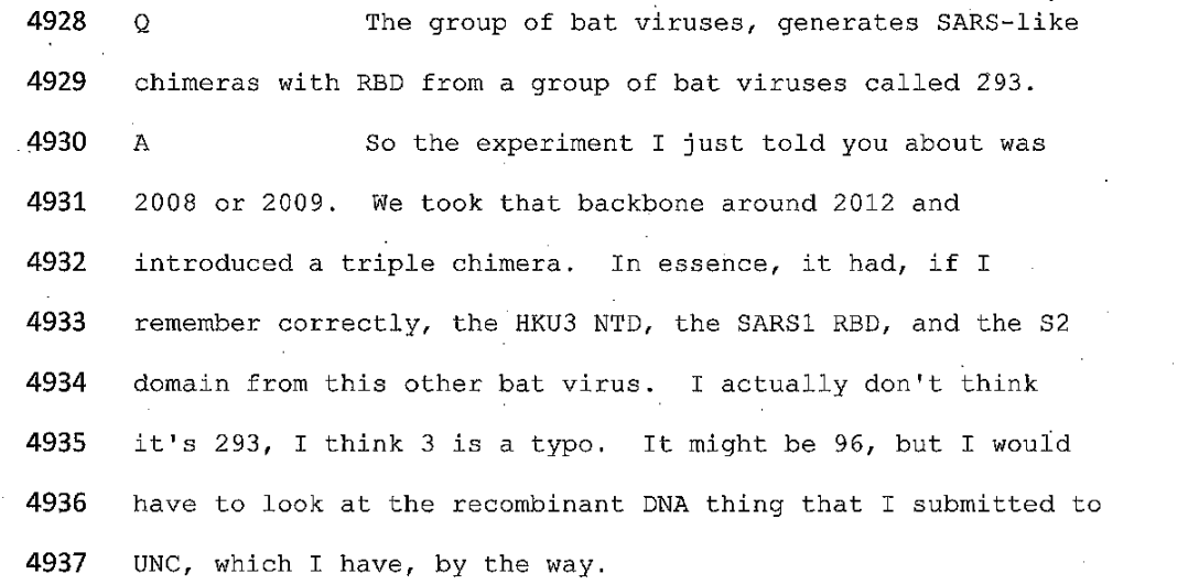 Regarding the 293: here is what Baric says! That the number 3 might be an error and it could be 96? Look at this: Triple chimera with SARS1 like RBD, S2 from '293' bat virus and HKU3 NTD!! Backbone taken in 2012!