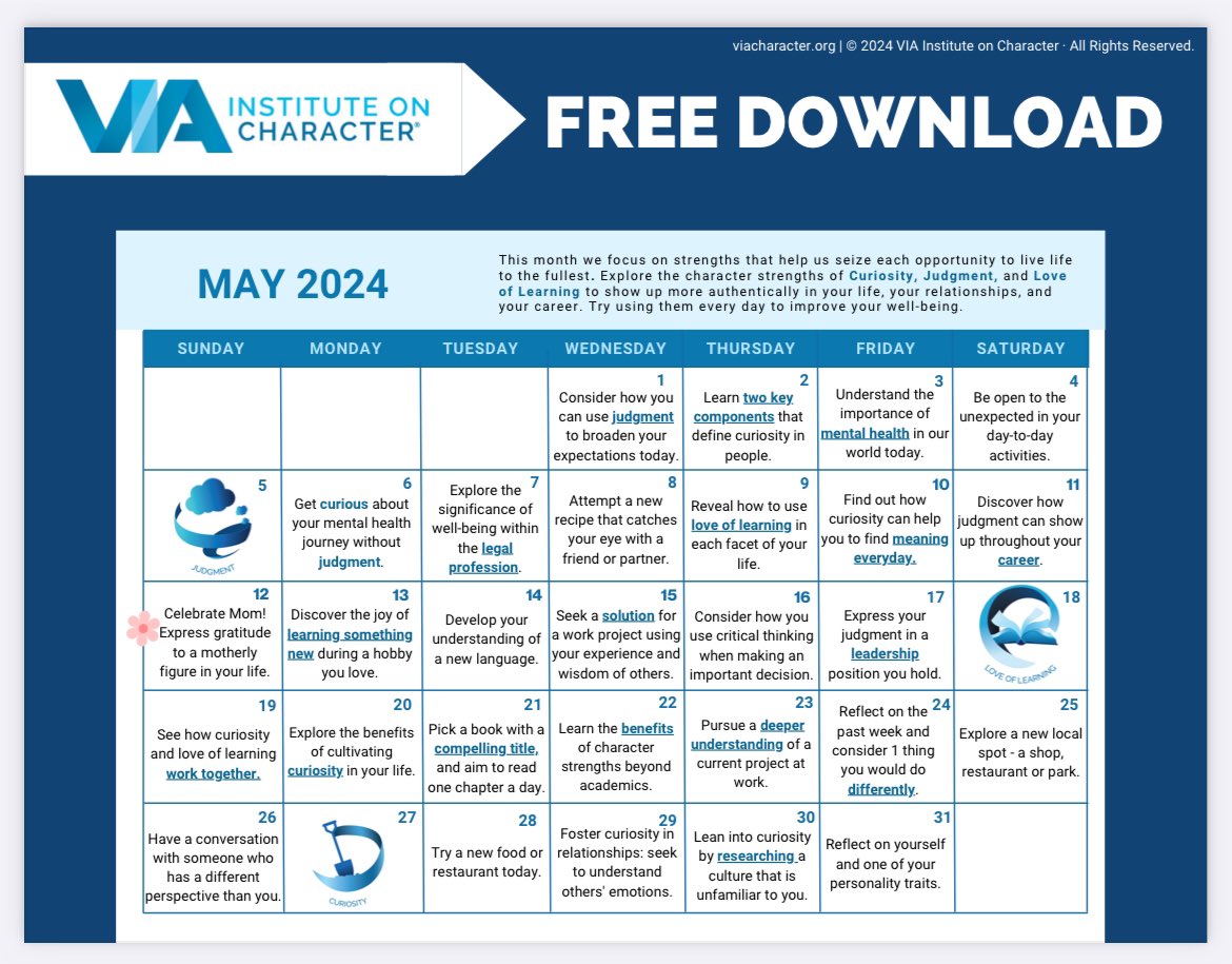 During @_UKCoaching week, why not explore your strengths through the love of learning & curiosity using the VIA month of May activity calendar viacharacter.org/resources/acti…