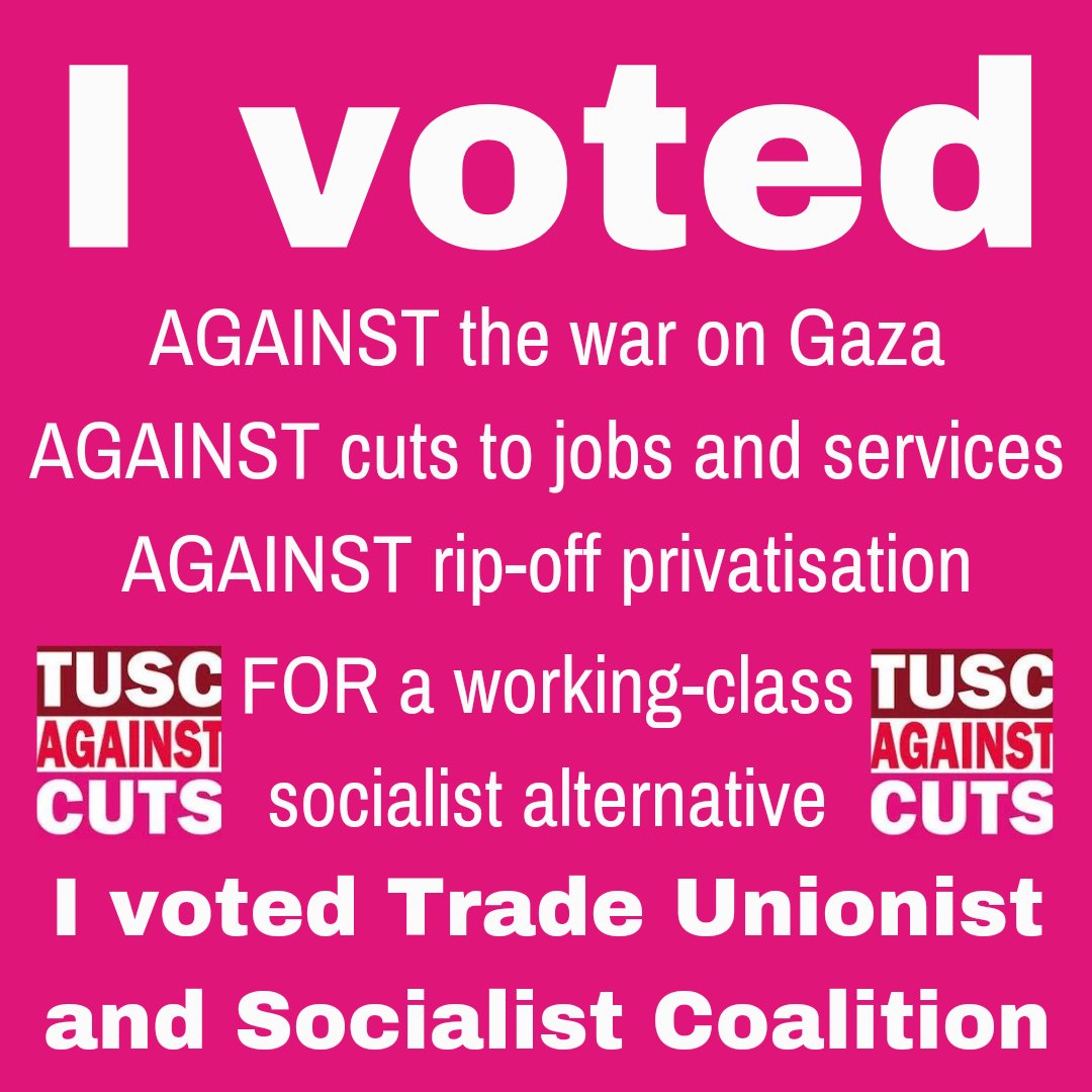 Today's election day. Workers & women died for our right to vote. Use it wisely. Vote against the parties of war, cuts & capitalism. Vote @TUSCoalition for a socialist alternative. Polls open 7-10. You don't need a polling card but thanks to the Tories you do need photo ID.