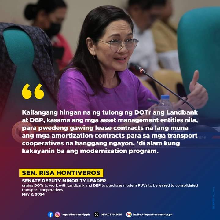 RISA TO DOTr: WORK WITH LANDBANK, DBP TO BUY MODERN PUVs

Sen. Risa Hontiveros urges DOTr to work with Landbank and DBP to purchase modern PUVs to be leased to consolidated transport cooperatives to make up for the transport shortage the government has created due to the PUVMP.