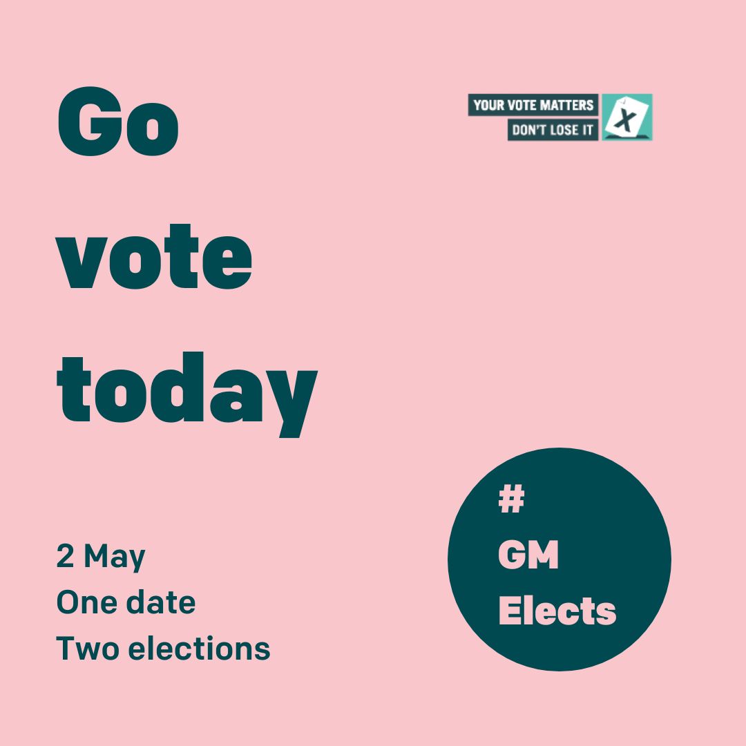 Today (Thursday 2 May) is voting day across Greater Manchester in the local and Mayoral elections. Polling stations are open and you have till 10pm to case your vote. Please bring a form of ID with you. #GMElects