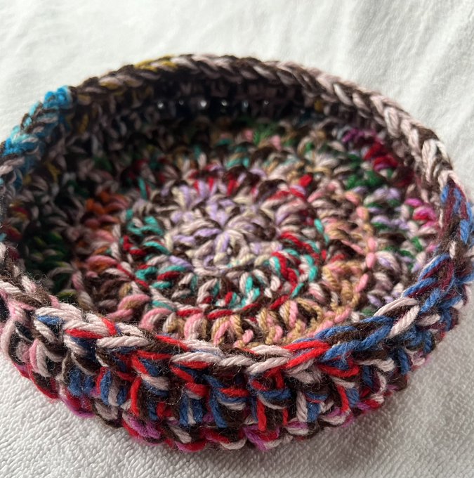 Handcrafted Upcycled Variegated Yarn Crochet Scrap Yarn Bowl 🌸 Made with recycled materials, it's delightful blend of colours makes it unique. Use it to store your jewellery, keys, or small keepsakes. It makes a thoughtful and eco-friendly gift #MHHSBD #craftbizparty #earlybiz