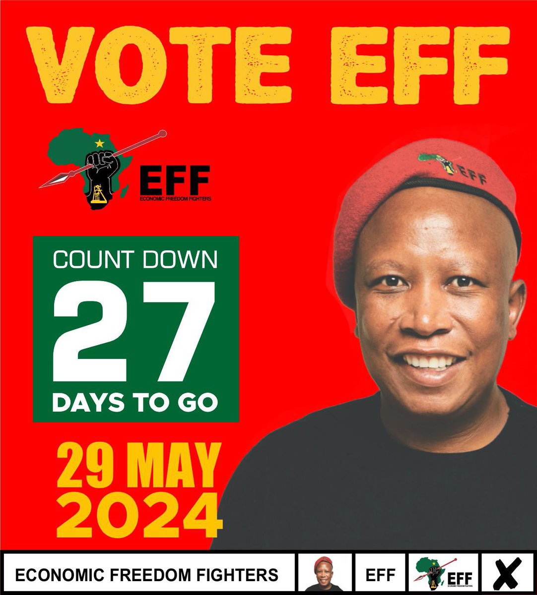 ♦️27 Days To Go♦️ We remain resolute that the EFF government will expropriate all land without compensation for equal redistribution in use, create millions of jobs through re-industrialisation using the state, stop load shedding, rebuild our education system, and fix crime in…