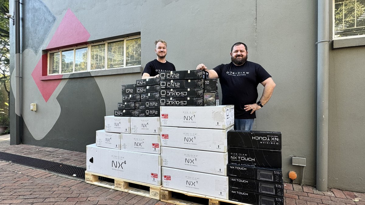 ElectrosonicSA's tweet image. Bertus and Matthew from our Live Events team testing the new shipment of Client orders (and stock) from @ControlObsidian Systems: NX1 and NX4 Lighting Control consoles, NX TOUCH control surface for the ONYX platform, and Netron distribution devices.
#ObsidianControl