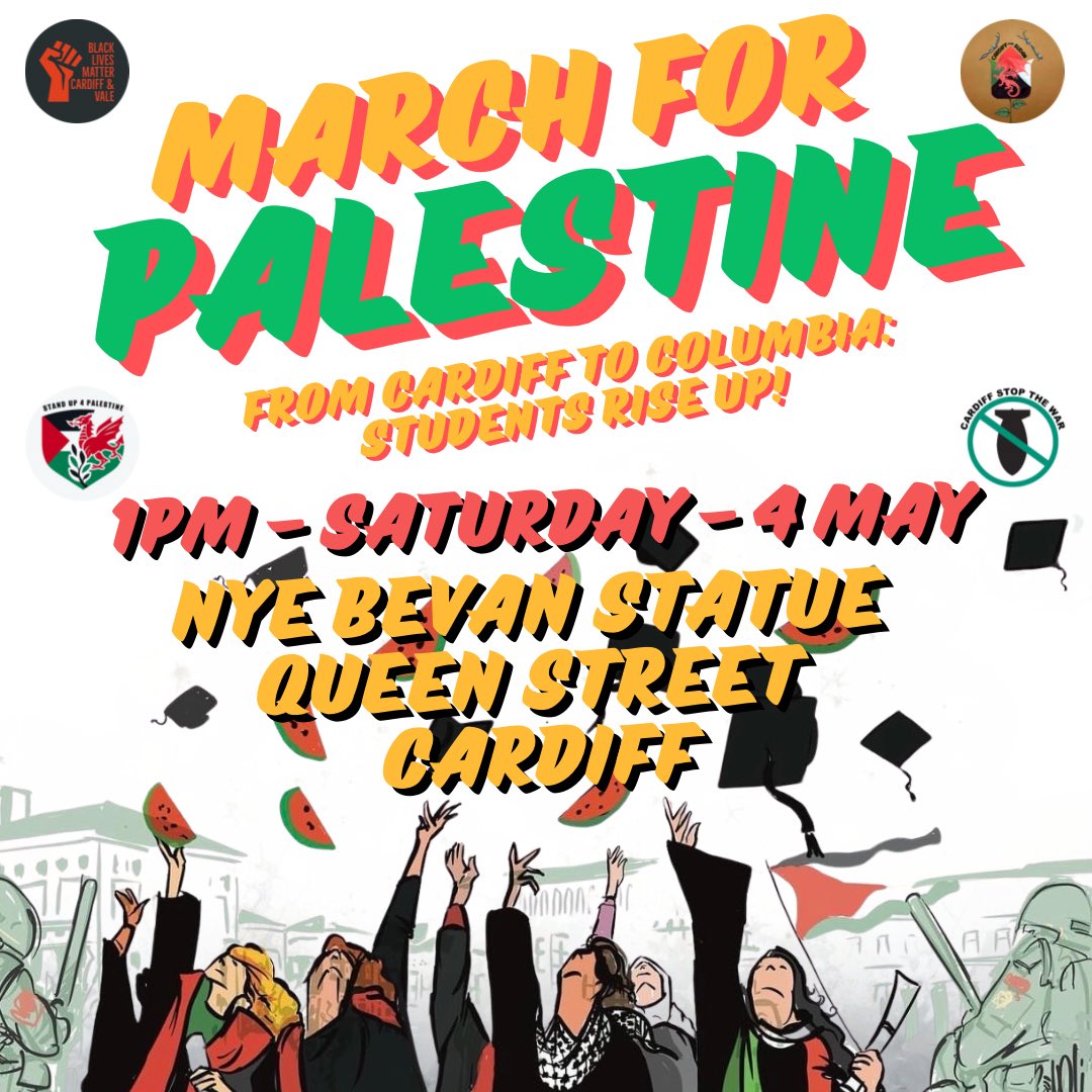 People of all ages and walks of life will join the weekly march for Palestine. This week's march honours the student protest encampments that have spread to over 100 U.S universities, and now to the UK and internationally. #Cardiff #Wales #Protest #Gaza