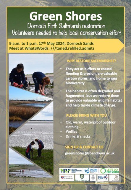 Want to learn more about saltmarsh and actively help in local restoration efforts? We’re looking forward to teaming up with Green Shores on the 17th May for what promises to be a great event. #saltmarsh #conservation #CitizenScience #Dornoch