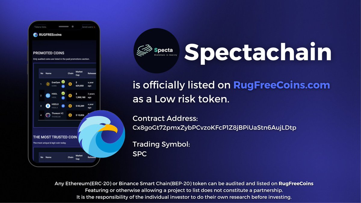 ' @spectachains ' has been reviewed and listed on RugFreeCoins as a low-risk token. rugfreecoins.com/coin-details/2… #rugfreecoins #scamfree #SPECTA #Spectachain #SOL #Web3 #Solana #CryptoCommunity t.me/spectachains