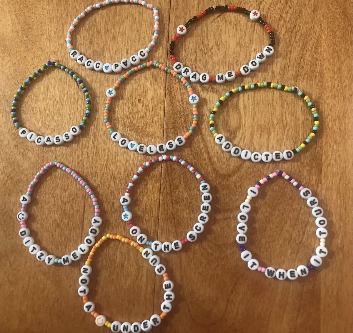 Made 9 more bracelets tonight! I’m up to 21 and placing an order on Amazon for more letters! (Gonna try and fix that RaccPacc one tomorrow cause the second A is upside down and can’t be flipped lmao. Or do I leave it as a fun easter egg? Which one is your favorite?