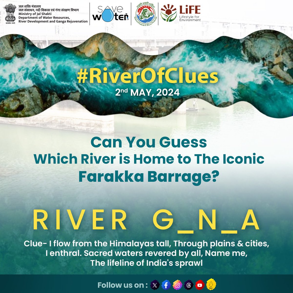 Calling all curious minds! #RiverOfClues returns with a fascinating exploration of advancements related with initiatives of @DoWRRDGR_MoJS. Dive in, test your knowledge, and share your insights! Don't miss the answer reveal on Monday. #JalShakti #FarakkaBarrageProject