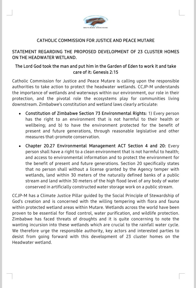 CCJP-Mutare statement on the need to protect wetlands in Mutare #ClimateAction #CCJPM #Climatejustice <a href="/trocaire/">Trócaire</a> <a href="/Misereor/">Misereor</a>